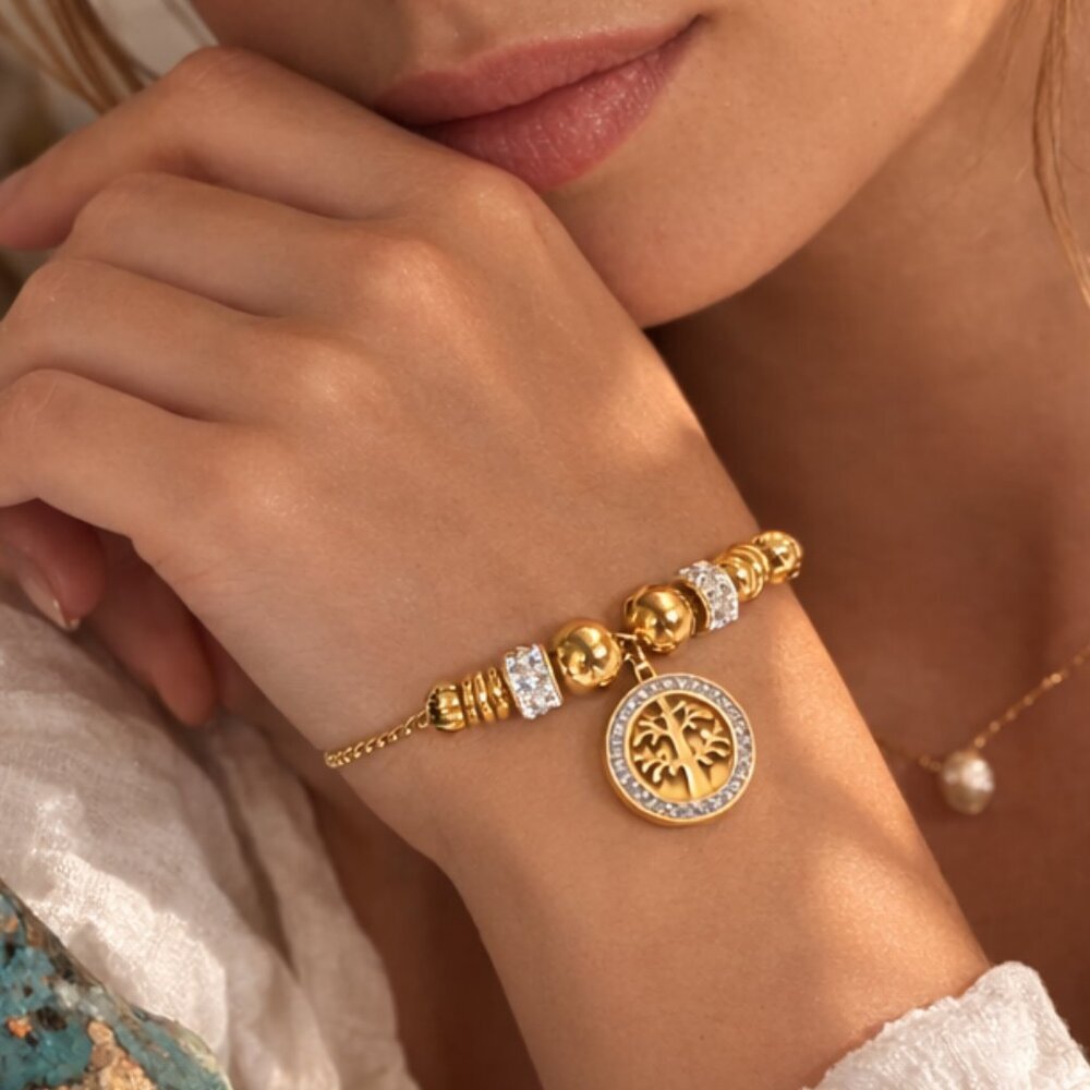18K Gold Plated Stainless Steel Tree Of Life Cubic Zirconia Talisman Bolo Slider